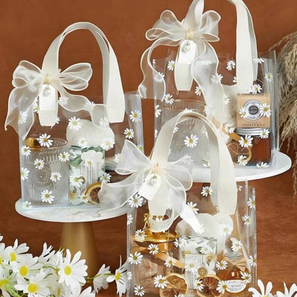 Reusable Transparent Floral PVC Gift Bags with Beige Ribbons (Set of 5)